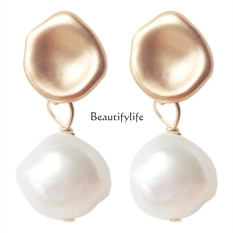 Retro special-shaped freshwater pearl stud earrings Baroque matte temperament unique earrings