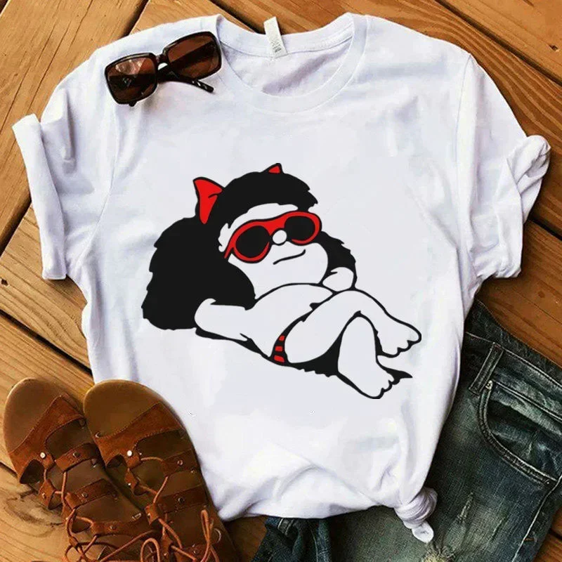 harajuku fashion graphic Summer Loose Tees 90S Short Sleeve Ladies Blouse  White Top  Clothes   Kawaii Anime Mafalda Graphics