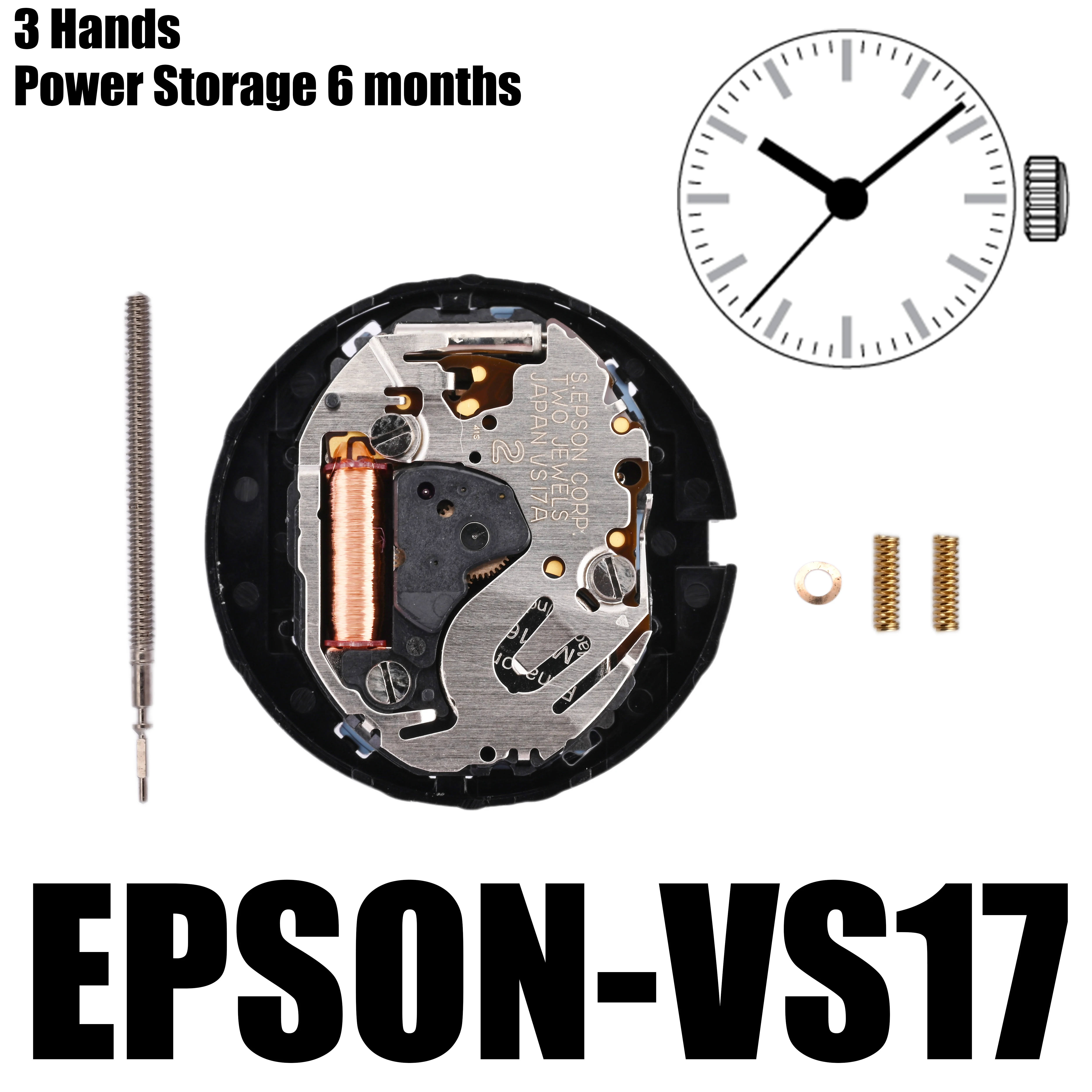 Epson VS17 Movement Solar Series VS17 - Epson VS17A Movement Height : 2.79mm 3 Hands Power Storage 6 months.