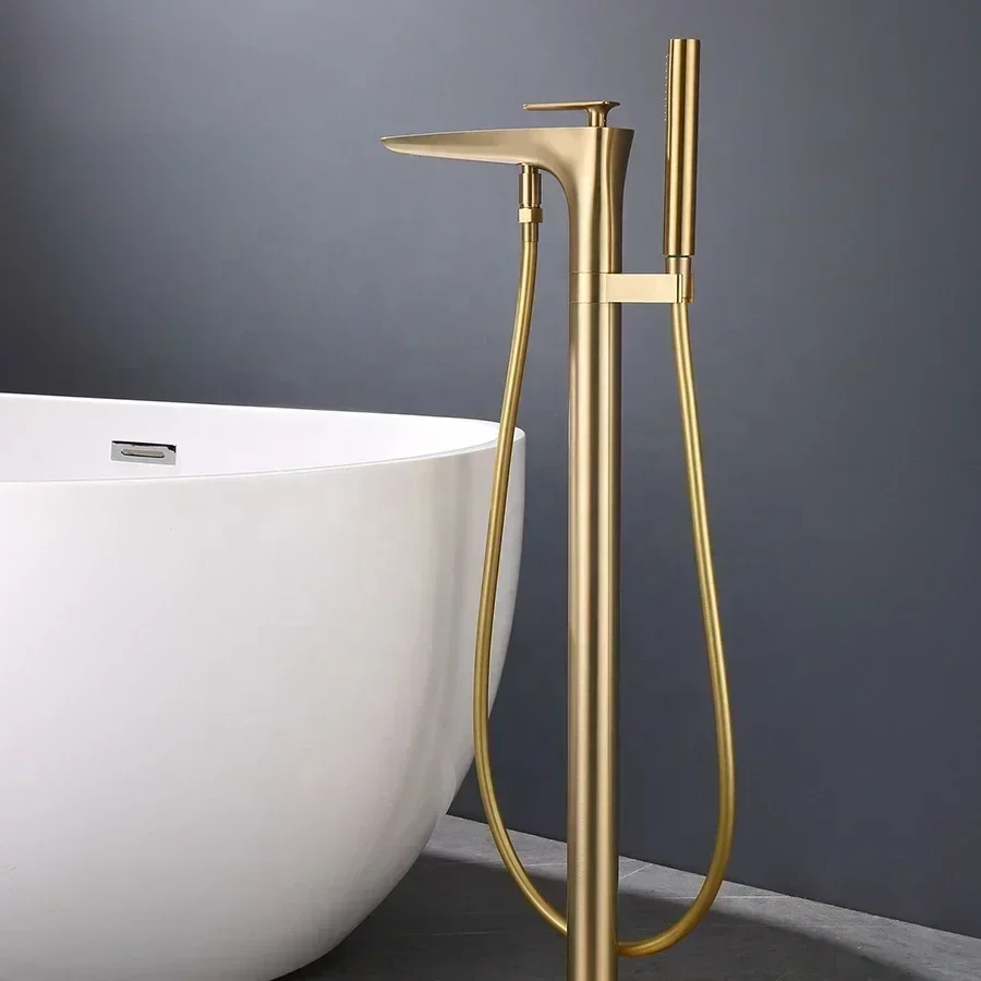 Luxury design brass hot and cold mixed two functional bathroom brushed gold floor freestanding bathtub faucet