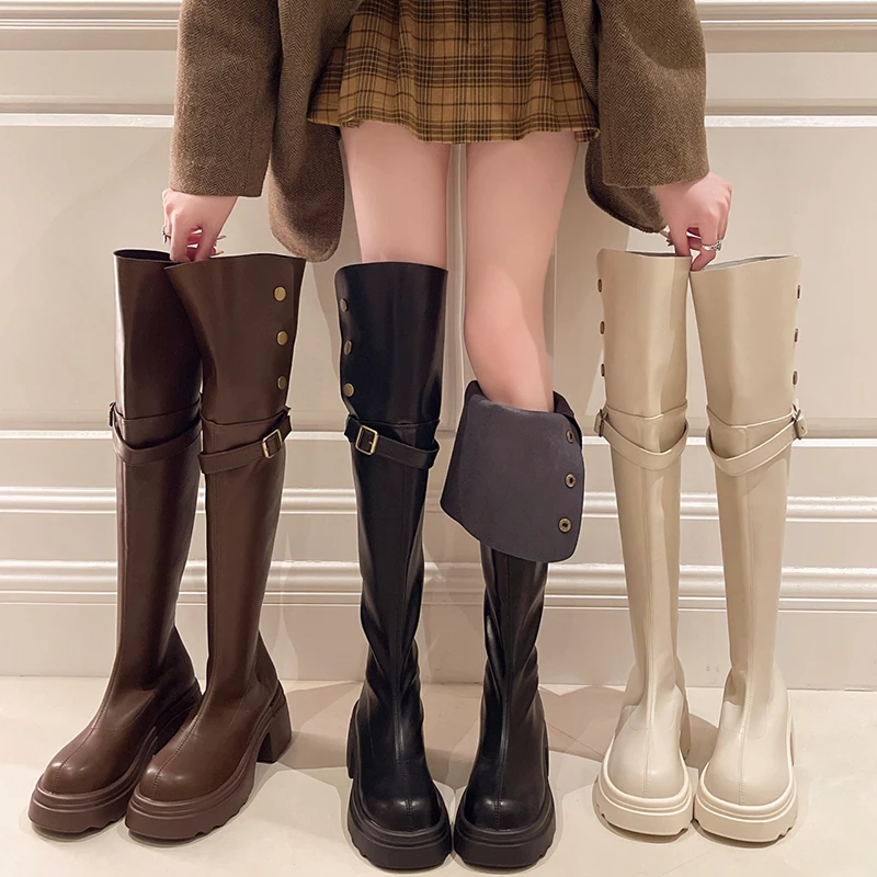 

Winter Fashion Platform Woman Over The Knee Boots Fashion Slip On Square Heels Modern Long Booties