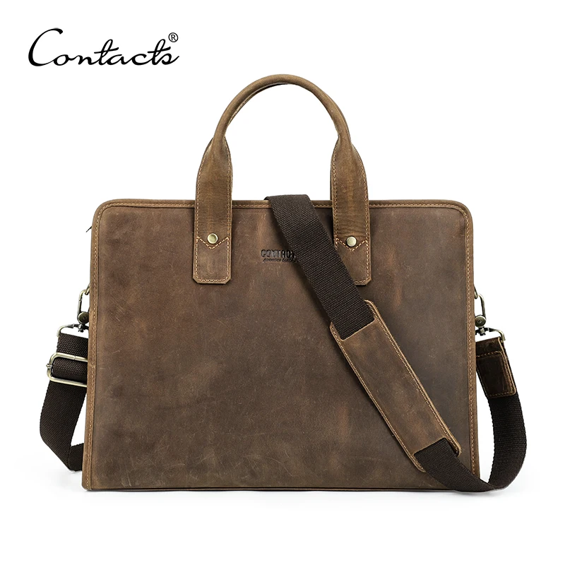 CONTACT\'S-maletín de cuero Crazy Horse para hombre, bolso de hombro de gran capacidad para ordenador portátil de 14 pulgadas, bandolera de negocios