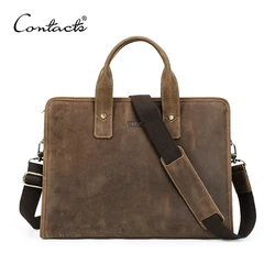 CONTACT'S Crazy Horse Leather Men Briefcase Business 14 inch Laptop Bag Large Capacity Male Shoulder Bag Messenger Handbag Tote