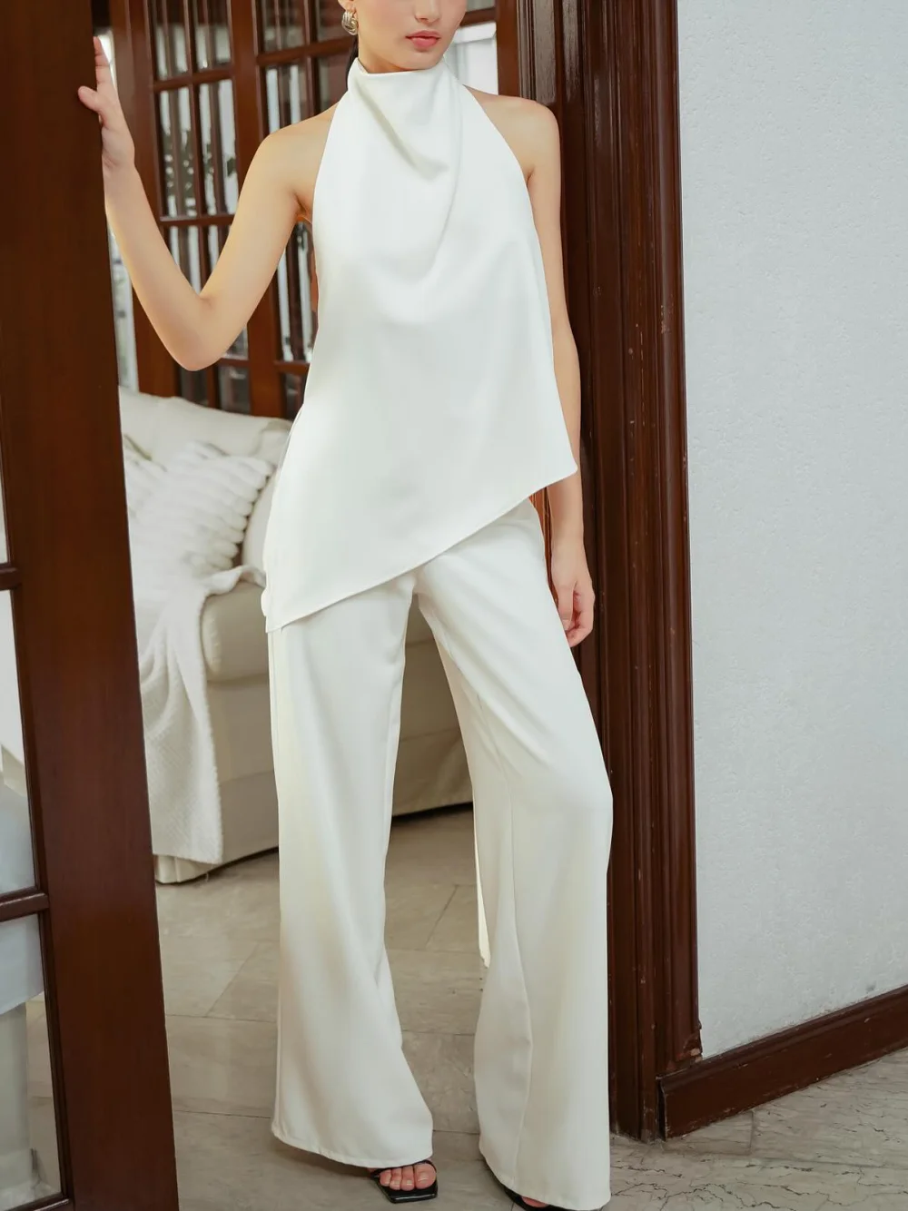 

Summer women's suit sleeveless satin top high waist wide leg pants new fashion casual shirt top trousers two-piece suit