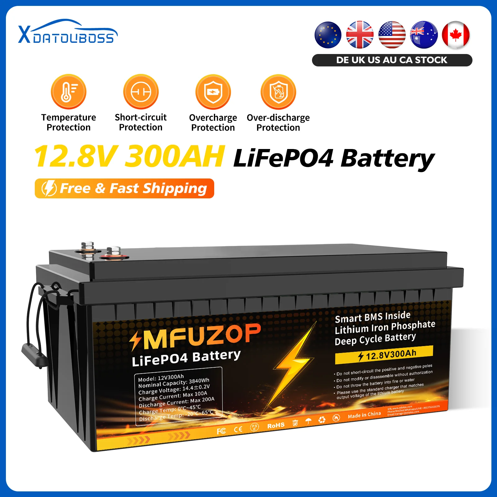 

DATOUBOSS 12 В 300 Ач LiFePO4 Встроенная батарея 200 А BMS 8000 + циклы Литиевая батарея Макс. мощность 3840 Вт Идеально подходит для солнечной энергии