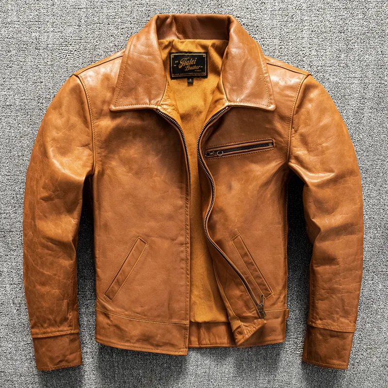 Vegetable Tanned Full-Grain Leather Cowhide Leather Men's Amekaji Wear Clothes American Casual Dovetail Jacket Coat High Quality