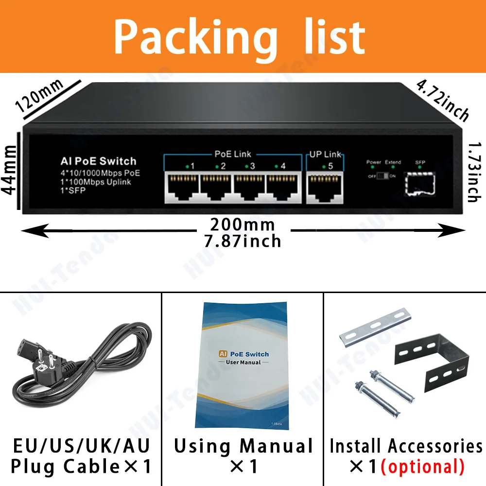 Huitenda 4*10/100/1000Mbps POE Switch 1*1Gbps Uplink Port+SFP port Network Ethernet VLAN RJ45 Switch for IP camera/NVR