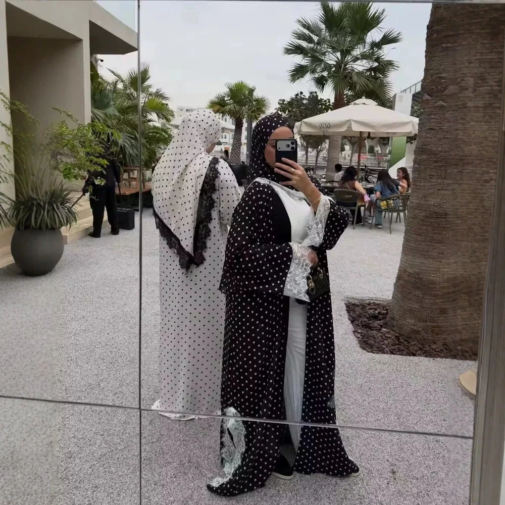 Eid Abaya Women Dresses Dot Print Cardigan Robe Jalabiya Lace Patchwork Ramadan Morocco Dubai Muslim Kaftan Islam Vestidos