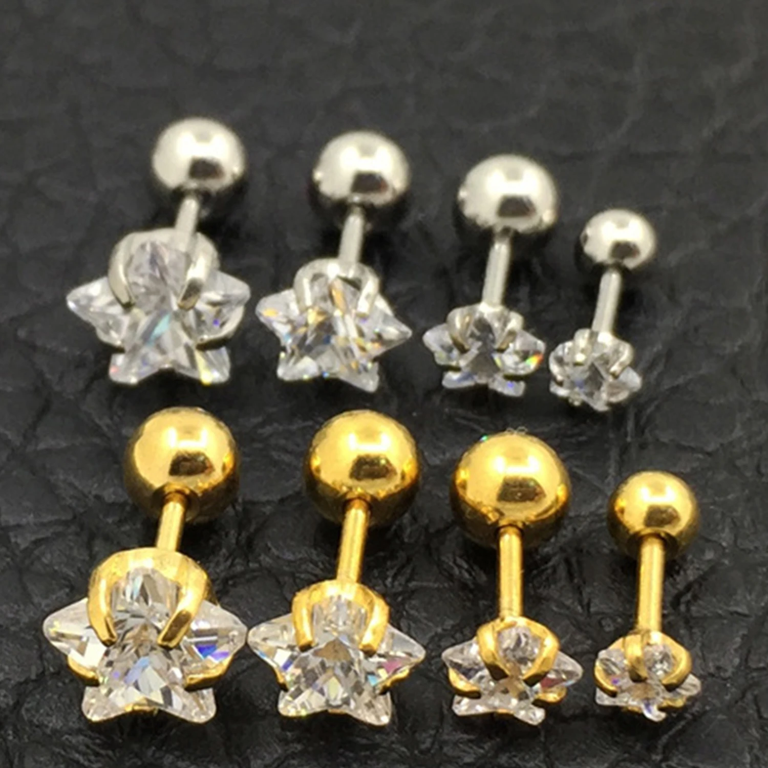 1PC Size 3/4/5/6mm Punk Stainless Titanium Steel Needle Ear Stud Star Zircon Crystal Stud Earrings Piercing For Men Women Party