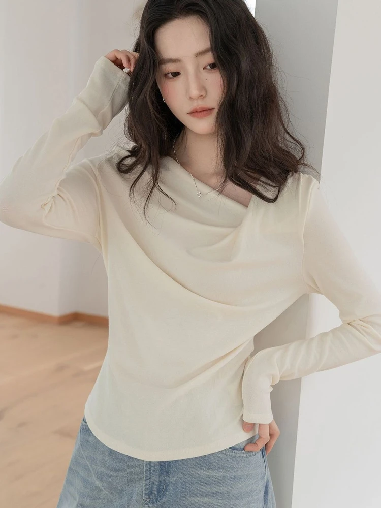 French Style Chic Swing Collar Twisted Pleated Diagonal Top For Women Slim Fit Long Sleeved Gentle Design Sense T-shirt