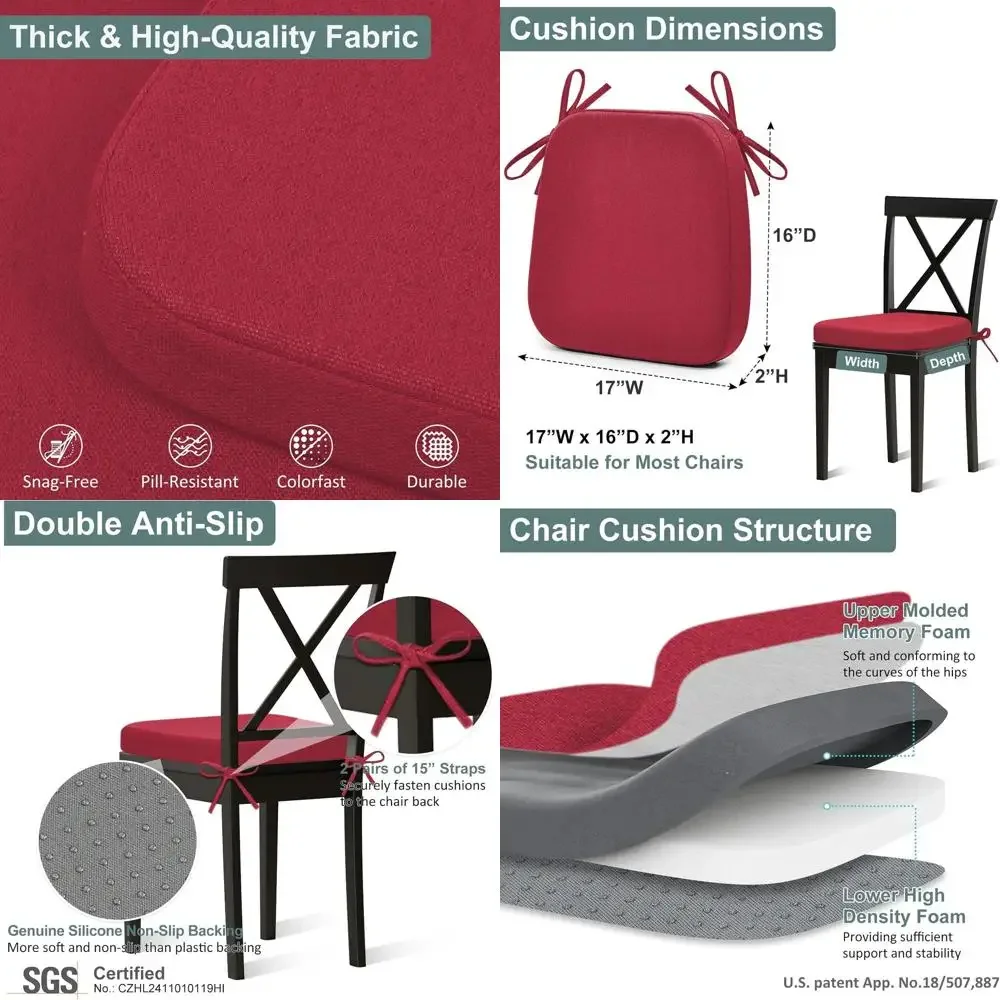

Набор из 4 бордовых подушек для стульев из пены с эффектом памяти с завязками, с моющимися чехлами, 17x16x2 дюйма