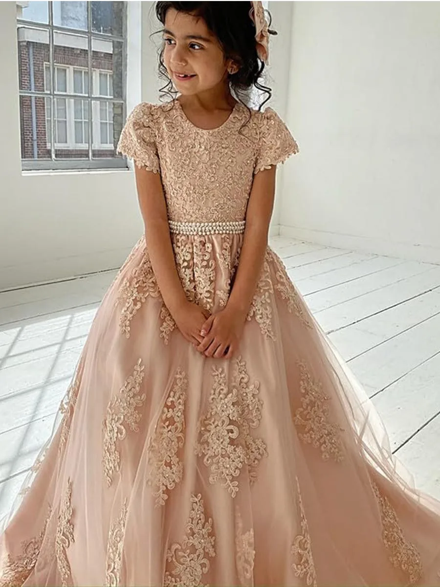 Girls Princess Flower Girl Dresses for Wedding With Bow-knot Beaded Appliques Pageant Dress Kids Long Train Wedding Party Gowns