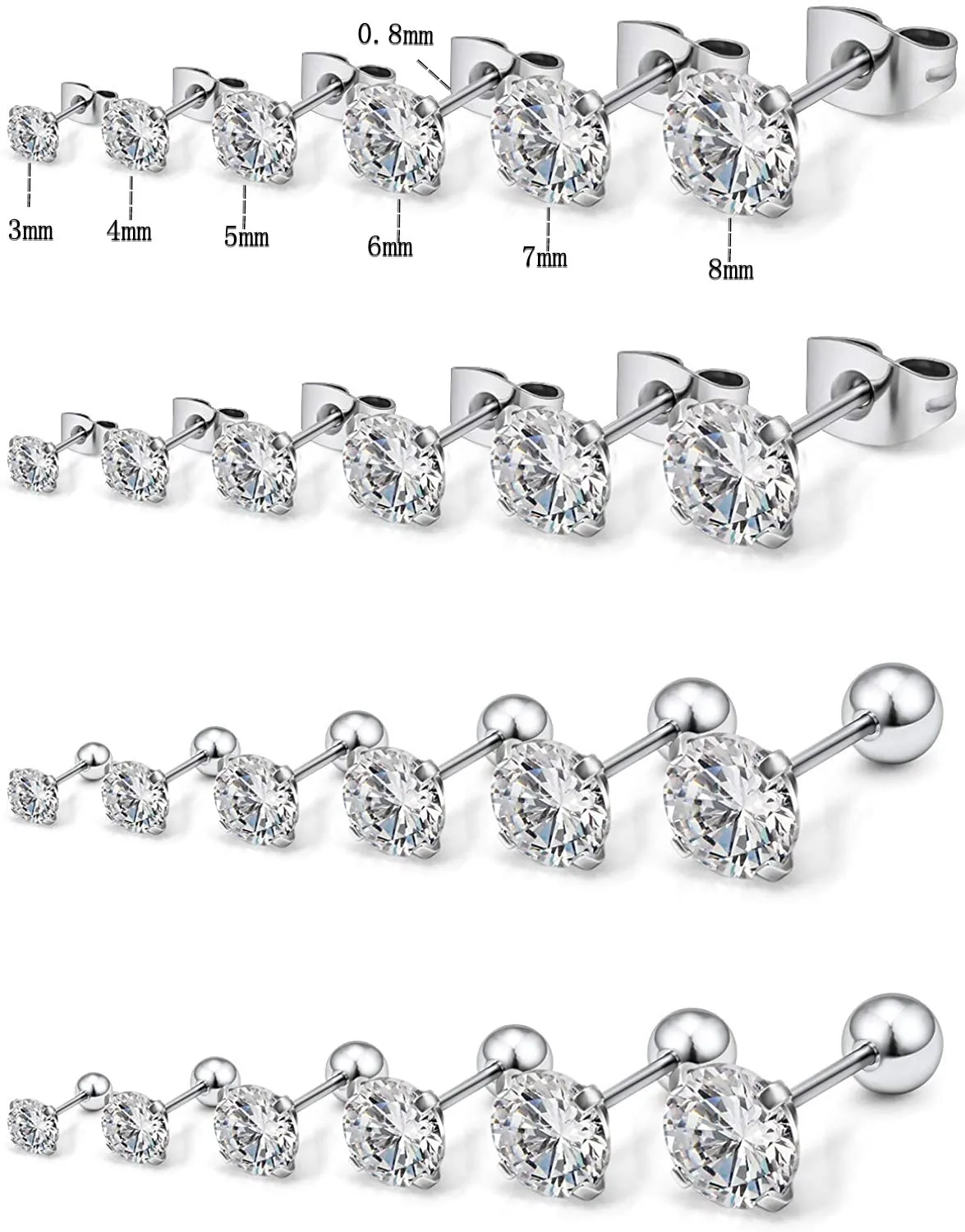 Stainless steel new design four claw round cut cubic zirconia female hypoallergenic male jewelry small earrings 6 pairs