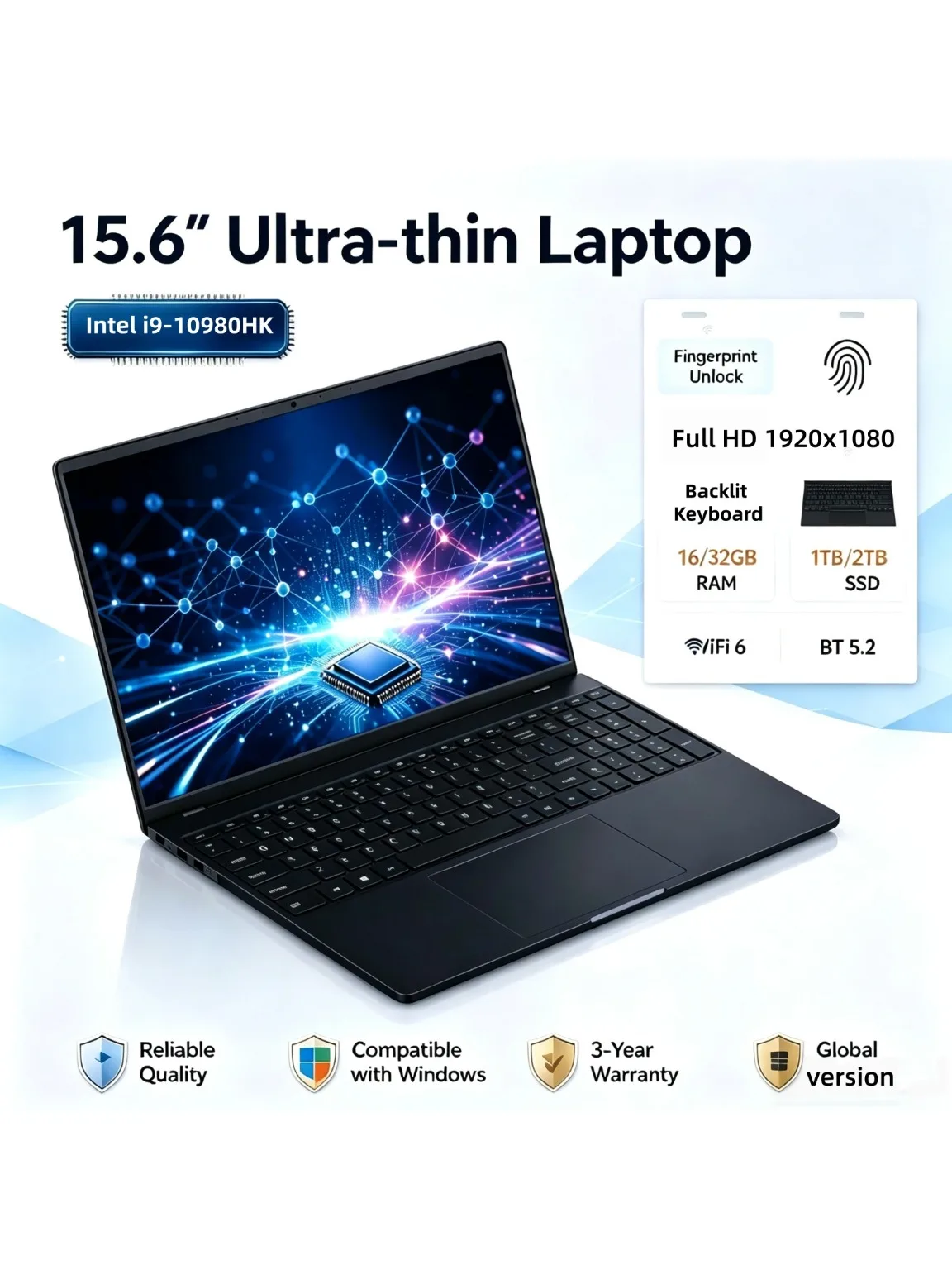 NEU 15,6" 10980HK Gaming-Laptop Intel i9 Prozessor 16GB RAM 512GB/1TB SSD Leichtes Tragbares Notebook Hintergrundbeleuchtete Tastatur Win11