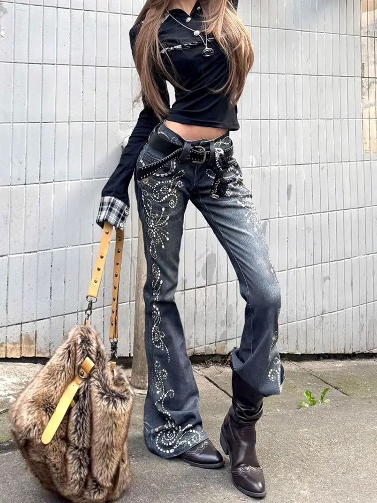 

2025 New Plus Size Digital Print Gemstone Jeans Women American Y2K Style Slimming Flared Pants Long Streetwear High Quality