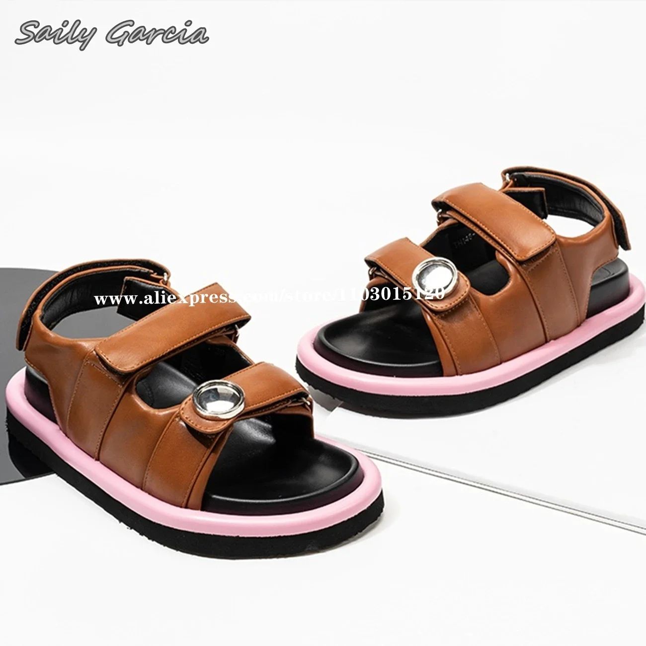 

Mixed Color Hook&Loop Metal Decoration Flat Sandals 2024 Summer NEW Fashion Hollow Casual Shoes Open Toe Breathable Sandals