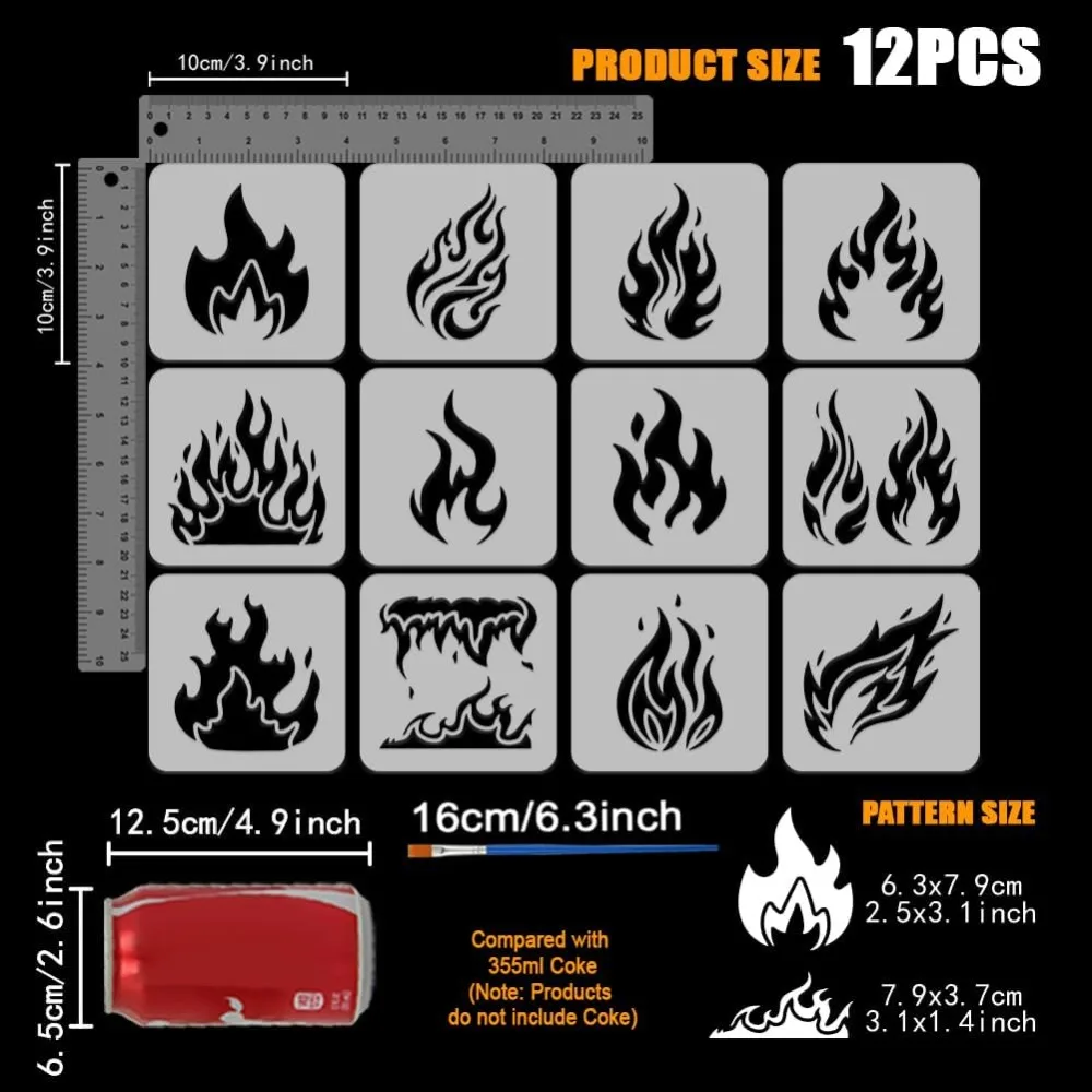 12PCS Flame Painting Stencil with Paint Brush 3.9x3.9inch Reusable Fire Pattern Drawing Template Decorative Flame Silhouette