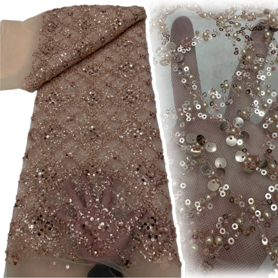 High-Quality French Nigerian 2026 African Pearl Lace Fabric Groom Sequin Lace Fabric Suitable for Wedding Party Dresses 2229