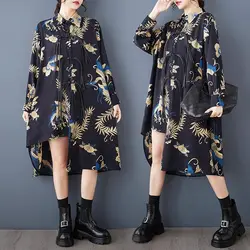 Large Size Women's Clothing For Spring Autumn 2025 New Loose Fashionable Printed Irregular Splicing Mid Length Buckle Dress A725