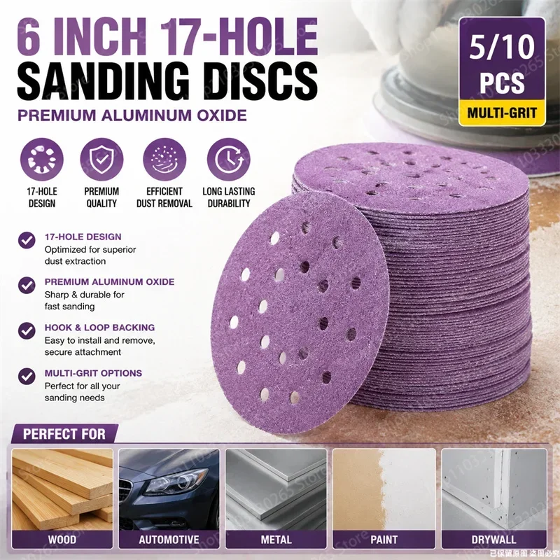 6 Inch 17 Hole Sanding Discs 60-2000 Grit Wet Dry Sandpaper Hook and Loop For Festool Random Orbital Sander 150mm 5/10 Pcs