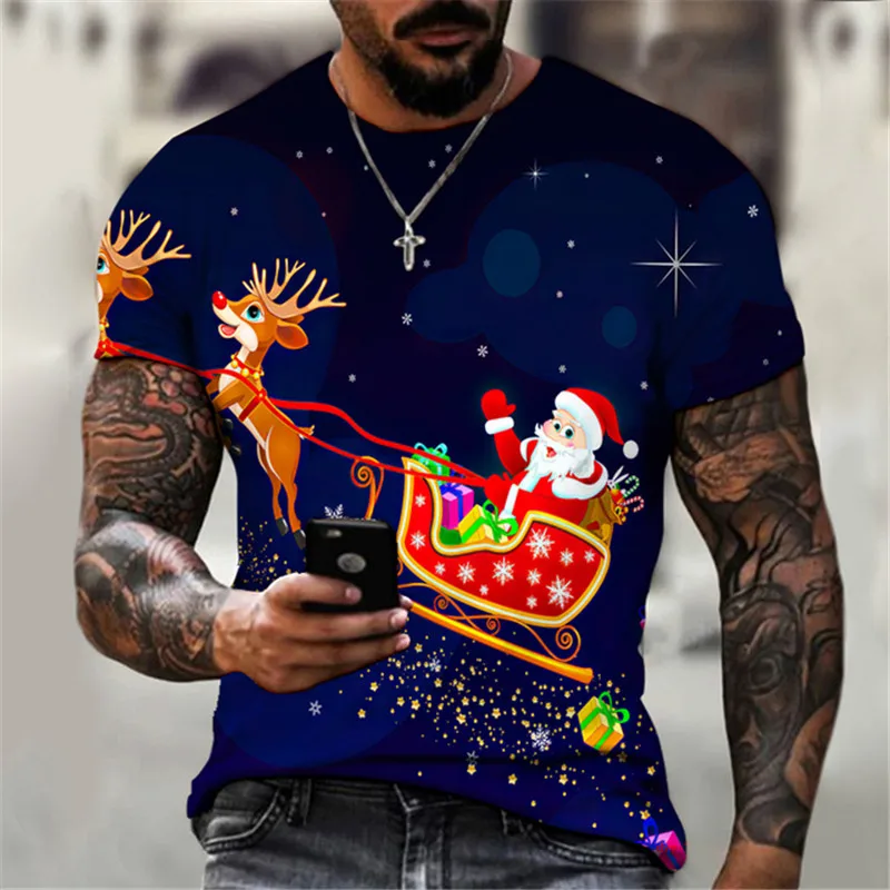 Christmas Cartoon Men\'s Fashion T-Shirts Short Sleeve Summer Street 3D Print Plus Size Tops Santa Claus Festival Man/Women Tees