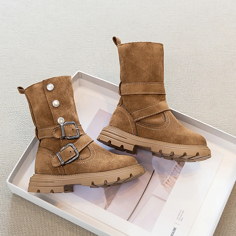 Kids Toddler Brown Suede Mid Calf Boots Double Buckle Rivet Detail Chunky Sole Non-Slip for Autumn Winter Outdoor Wear