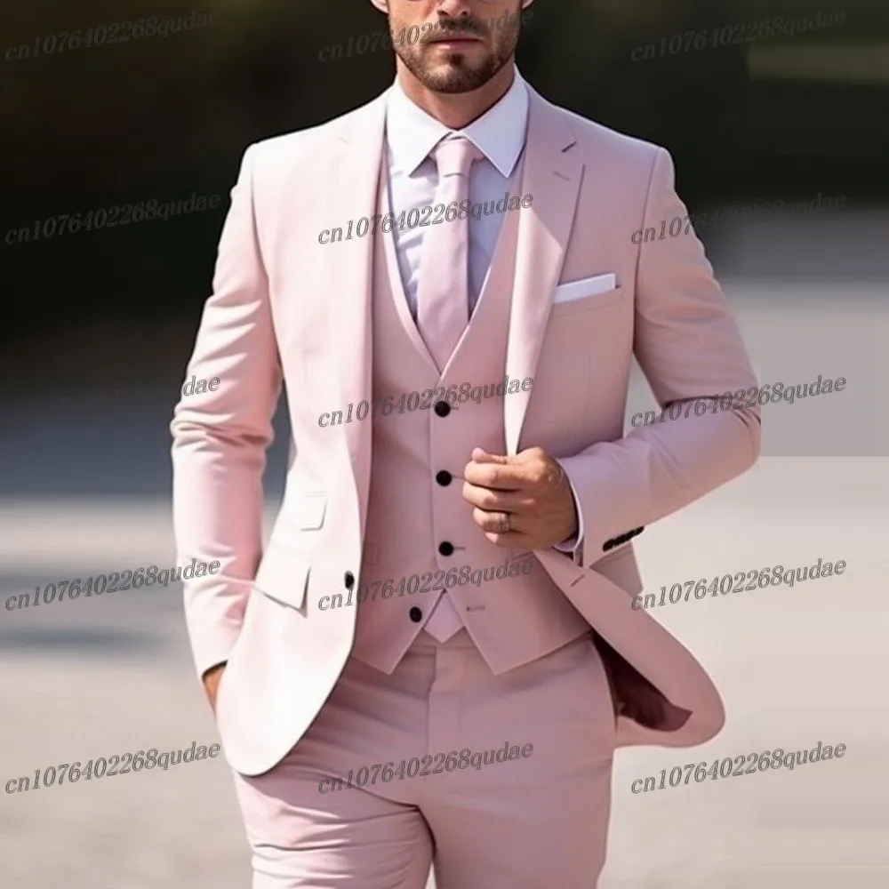 New Pink Men Suit Wedding Party Groom Suits Groomsman Male Tuxedos Bridegroom Costume 3 Piece Set Blazer Vest Pants