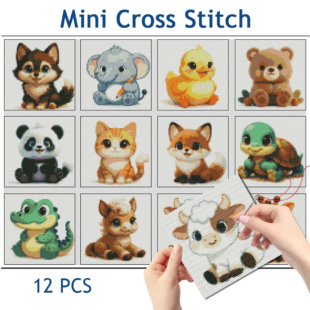 Evershine 12-teiliges Mini-Tier-Mehrfach-Kreuzstich-Set, Fuchs, Nadelarbeit, Stickzubehör, Panda, Pferd, geeignet für Anfänger