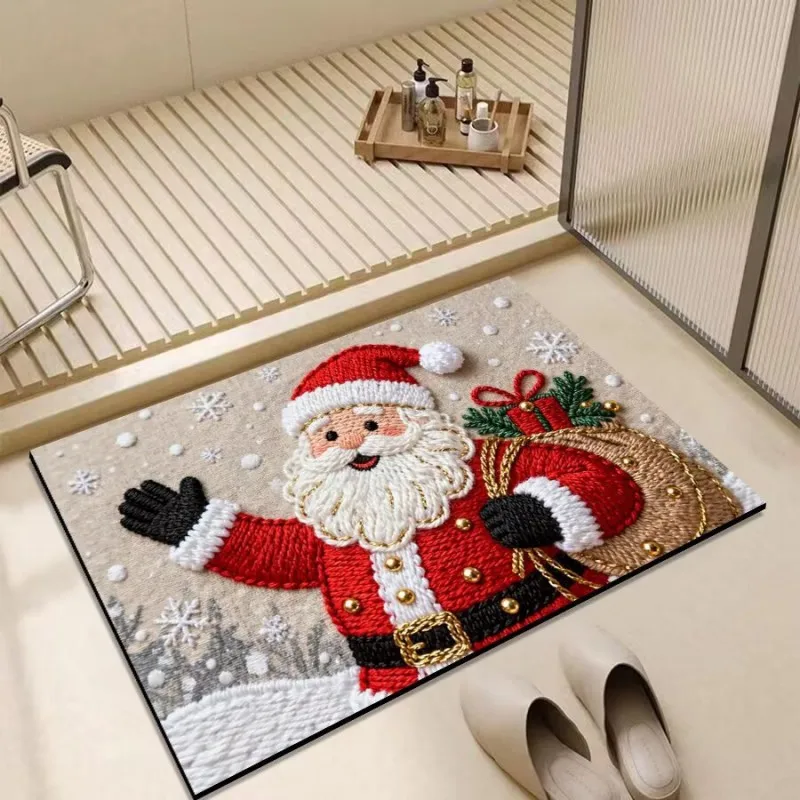 VIKAMA Embroidered Santa Waving Gift Sack Snow Bath Mat Quick Dry Machine Washable Bathroom Shower Reading Corner Home Decor