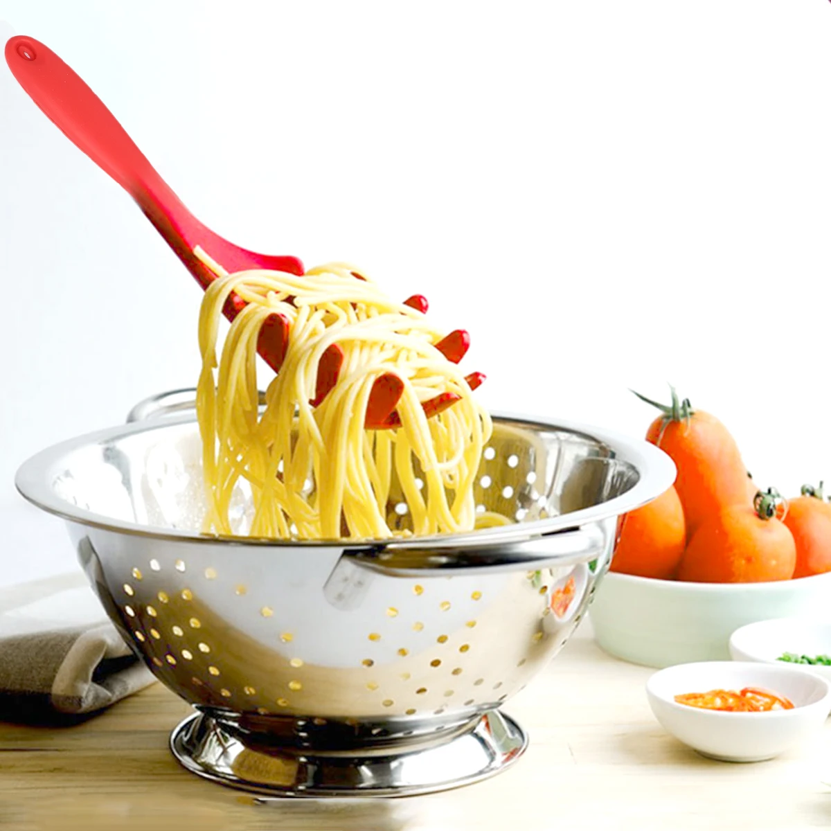 

Food Grade Silicone Spaghetti Spoon Red Heat Resistant Kitchen Cooking Tool Household Ladle With Hanging Design For Home