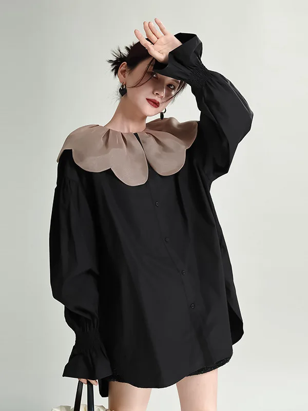 Street Style Loose Fit Mid-Length Shirt Women's Petal Collar Tailored Blouse Spring Autumn Fashion Casual Cotton Shirt