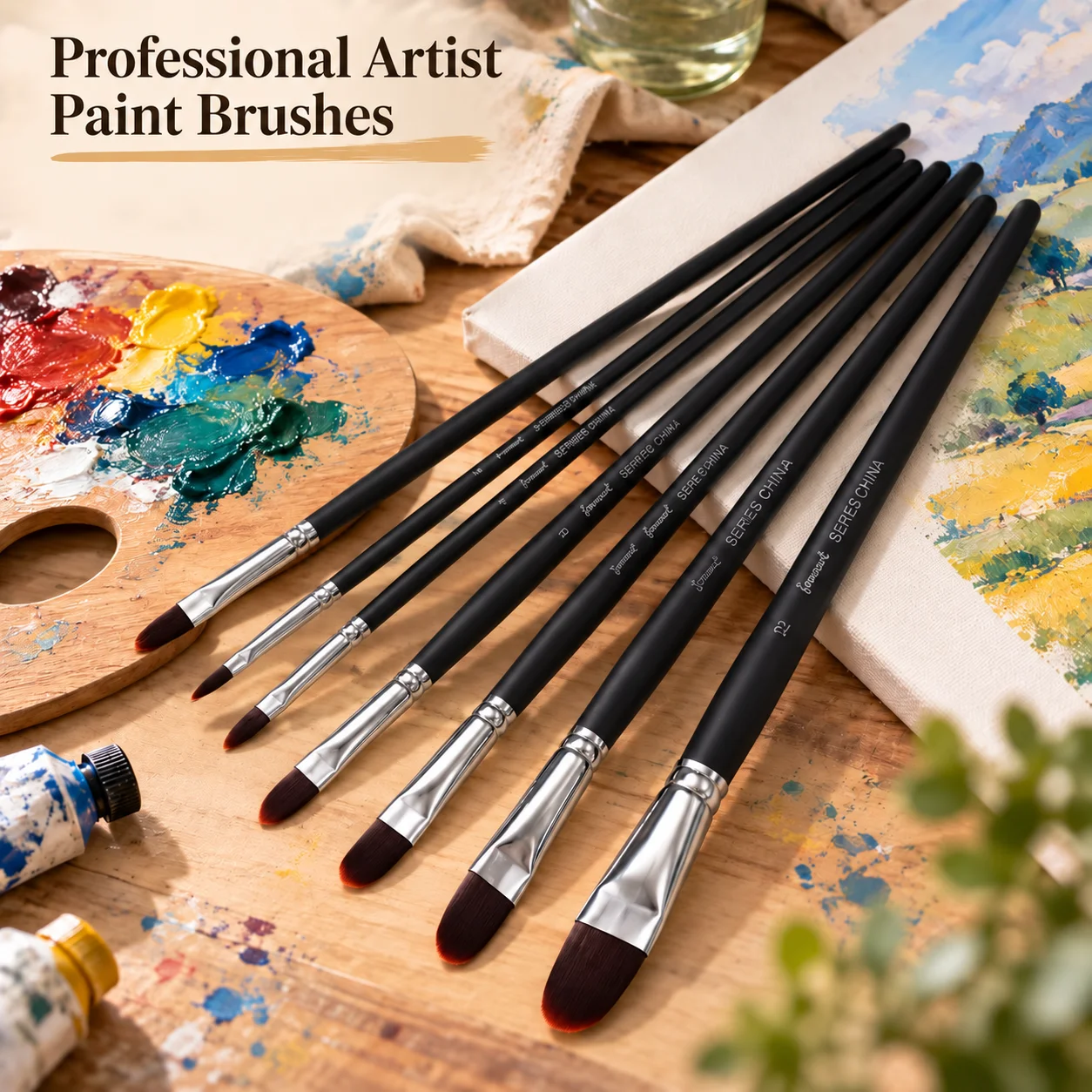 Filbert Nylon Paint Brush 6Pcs Set with Black Wood Handles Burgundy Bristles for Watercolor Gouache Acrylic Art Student Painting
