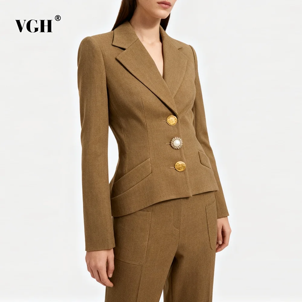 

VGH Designer Solid Slimming Jakcets For Women V Neck Long Sleeve Spliced Button Autumn Temperament Blazer Female Fashion Style