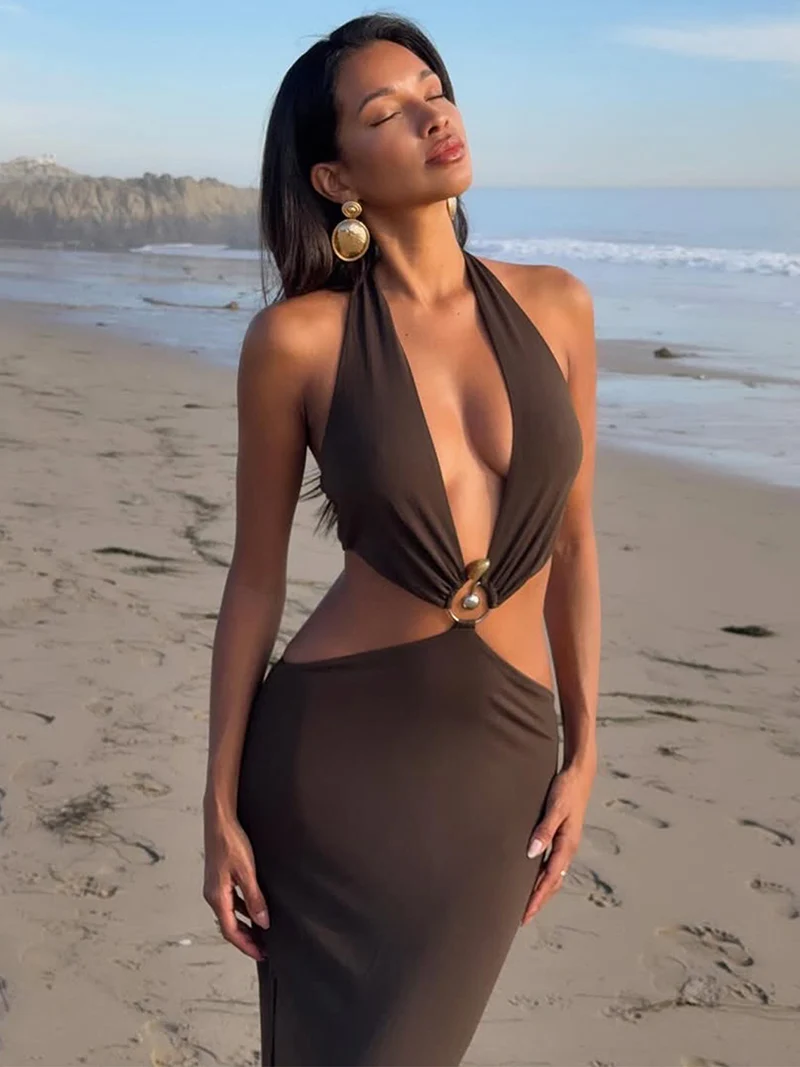 DGLUKE Halter Backless Sexy Woman Dress Deep V-Neck Cut Out Maxi Dress Summer Long Beach Party Dresses