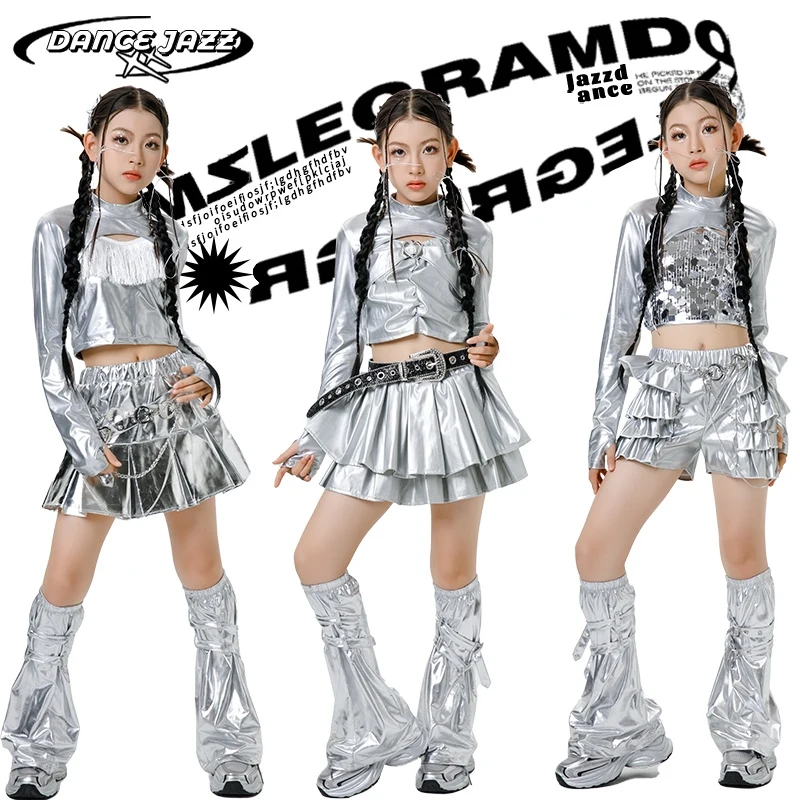

2025 New Children Kpop Dance Outfit Stage Performance Costume Girls Sequins Jazz Clothing Kids Hip Hop Dance Clothes XS9045