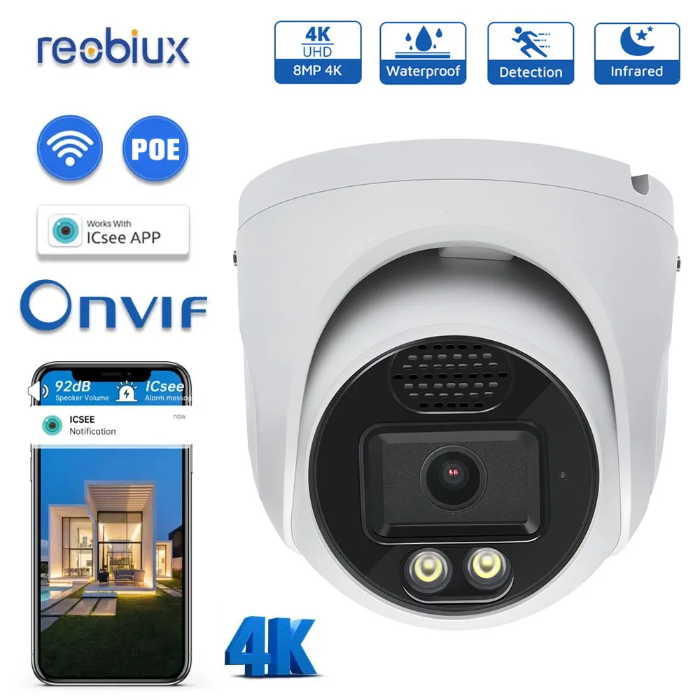 Reobiux 8MP 4K POE Wifi Camera Outdoor 2.8mm Wide Angle AI Human Detection Security IP CCTV Surveillance Camera SD Card Slot