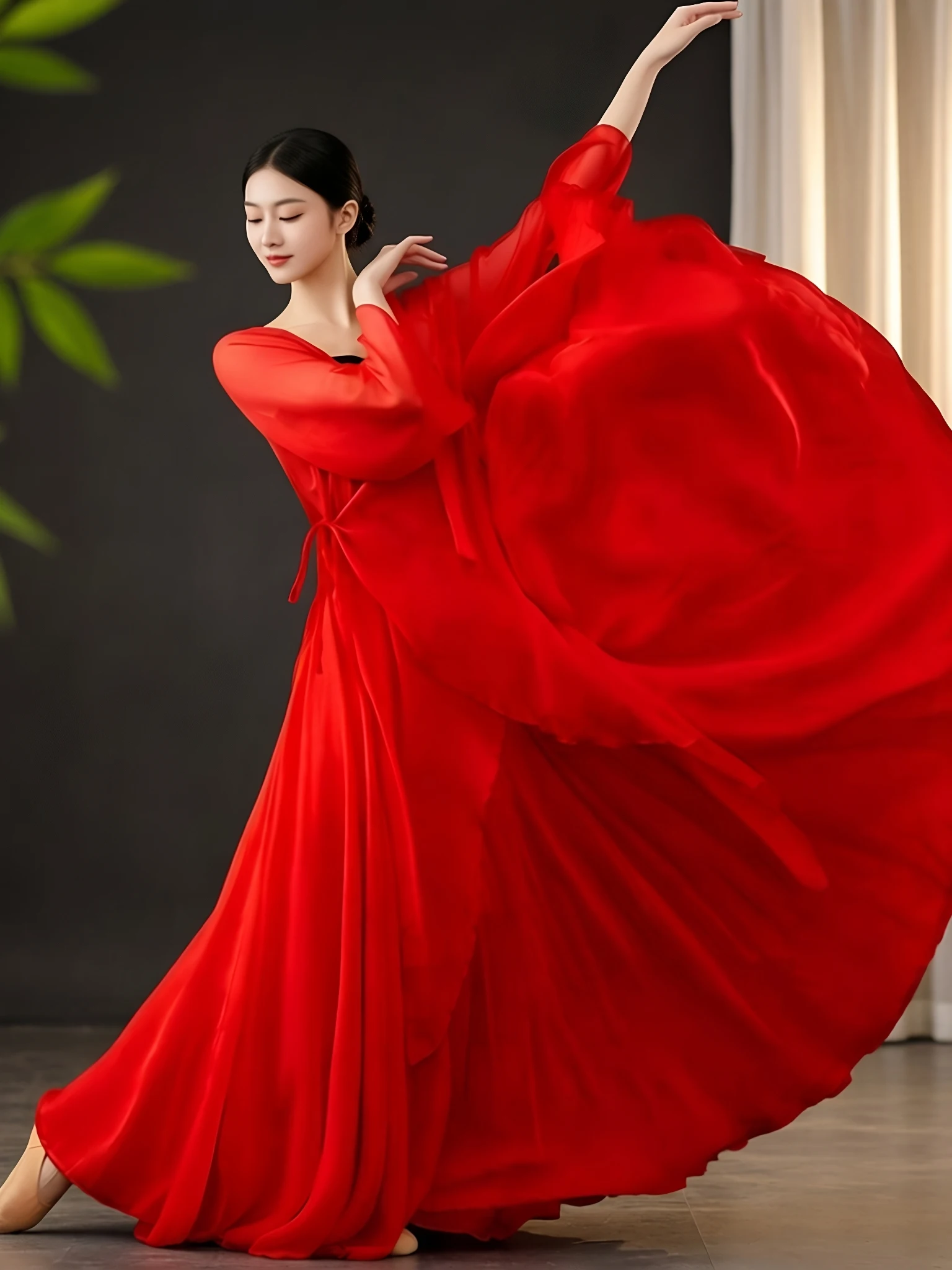double-layered-red-long-skirt-for-classical-dance-performances-and-exams-720-degree-wide-hemline-elastic-waist-design-breathable