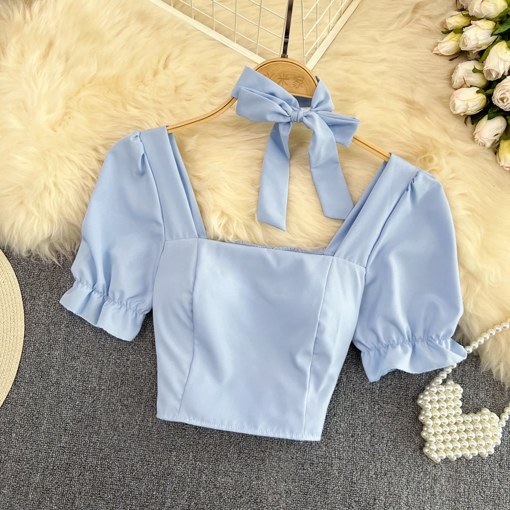 Summer Korean Style Shirt  For Women Sweet Square Neck Puff Short Sleeve All-Matched Pullover Shirt Femal Fashion Slim Short Top