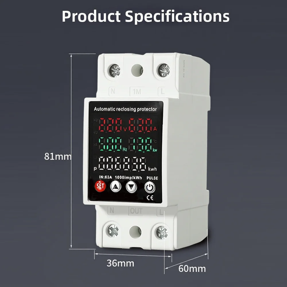 5 Display 63A AC 80-300V Adjustable Over Voltage Under Voltage Protection Device Limit Over Current Protection Voltage Protector