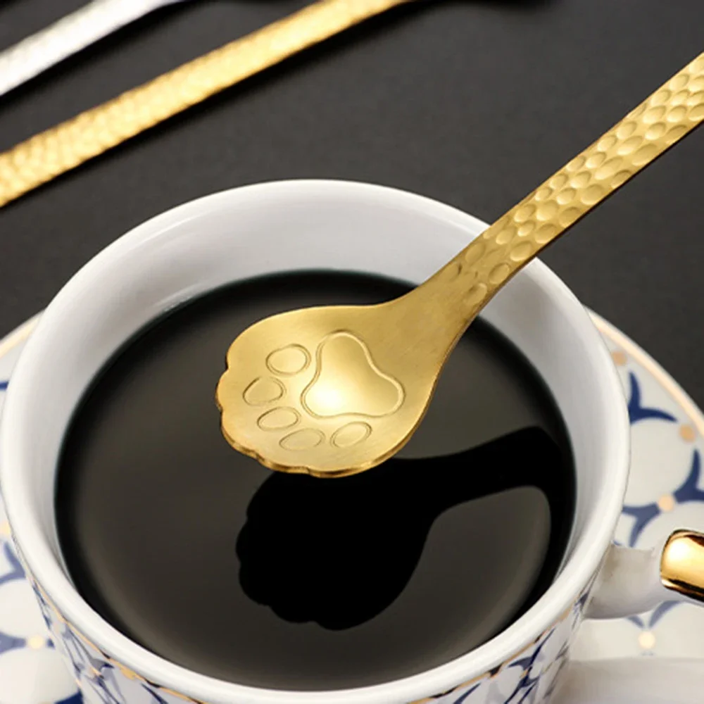 304 Stainless Steel Coffee Spoon Cat Dog Paw Teaspoon Afternoon Tea Dessert Spoon Hollow Out Long Handle Tableware Coffee Spoons