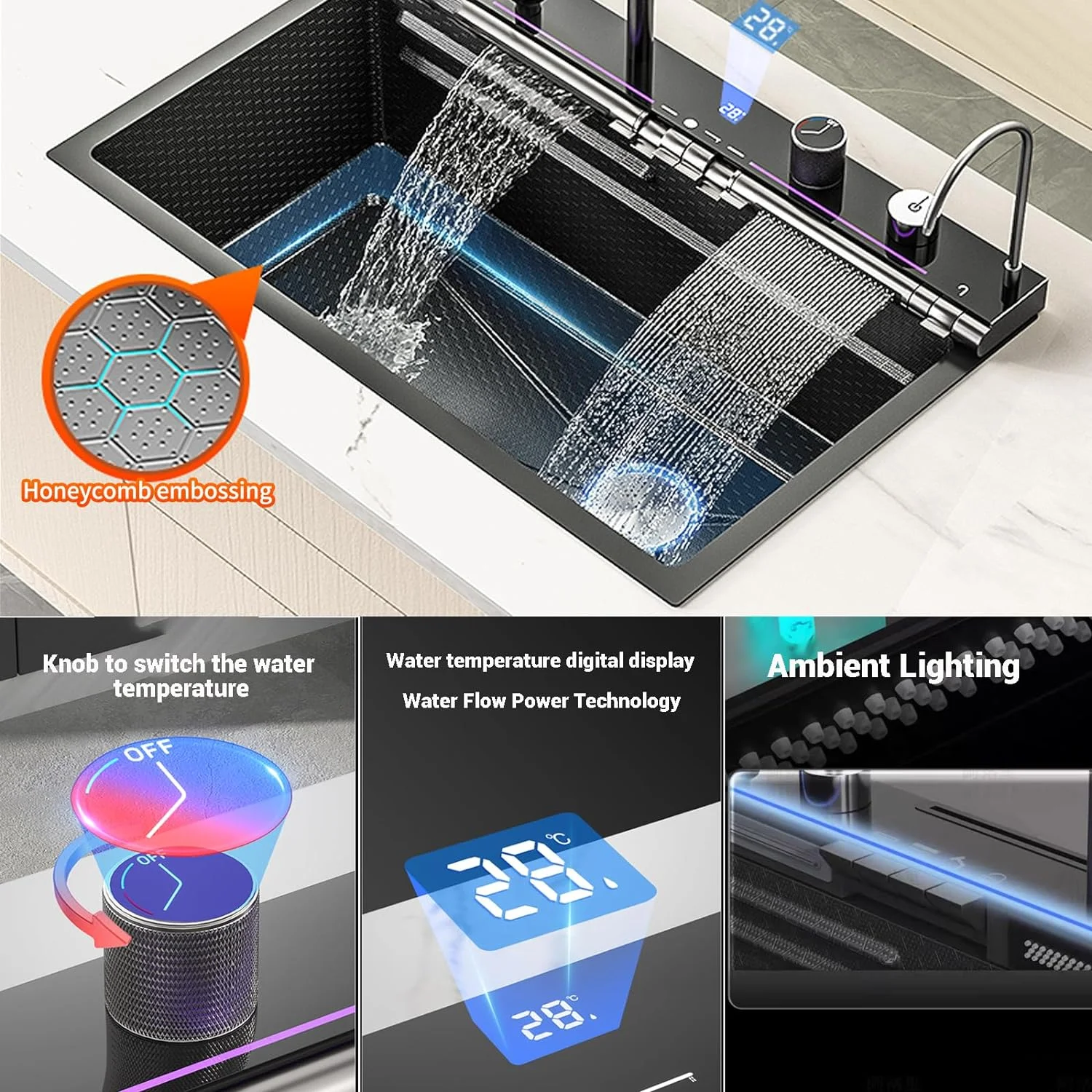 Kitchen Sink Digital Display Embossed Large Single Groove honeycomb Black Nano Raindance Waterfall Sink with Pressurized Cup