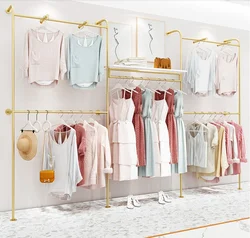 Clothes store display rack Wall mounted clothes display rack Double deck front and side hanging rack