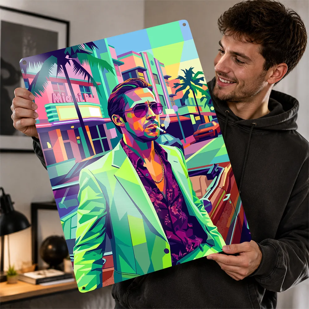 Man in Miami Vice Style 3D Texture Metal Poster Customized Wall Art Tin Sign Gift for Mancave Luxury Decoration Home Decorations