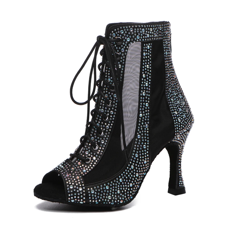 Zapatos de baile latino con diamantes de imitación para mujer, zapatos de fiesta de Tango, botas de tacón alto para damas y niñas, sandalias de SALSA, zapatos de baile