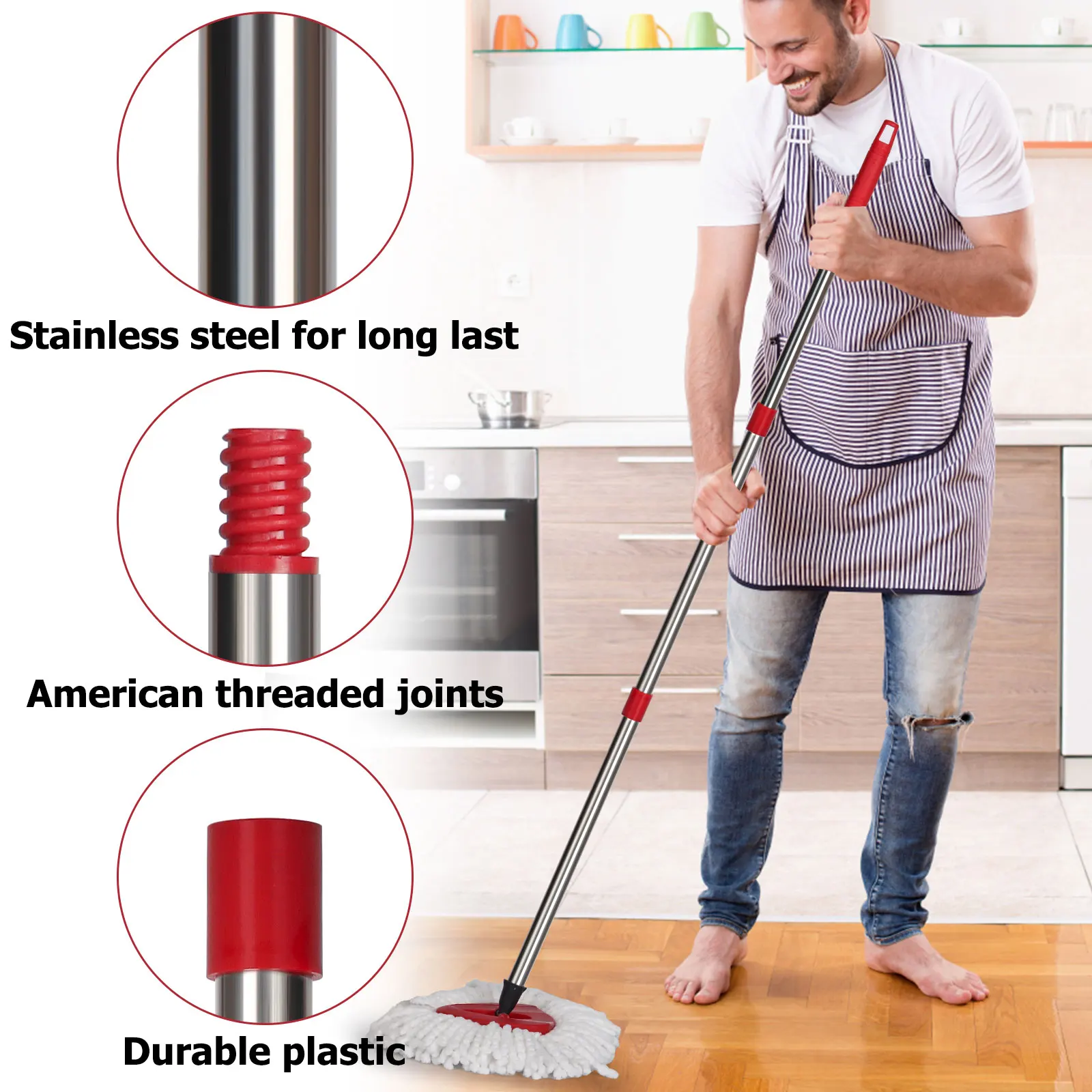 4 Section Mop Replacement Handle Stainless Steel Mop Replacement Head Handle Mop Extended Handle