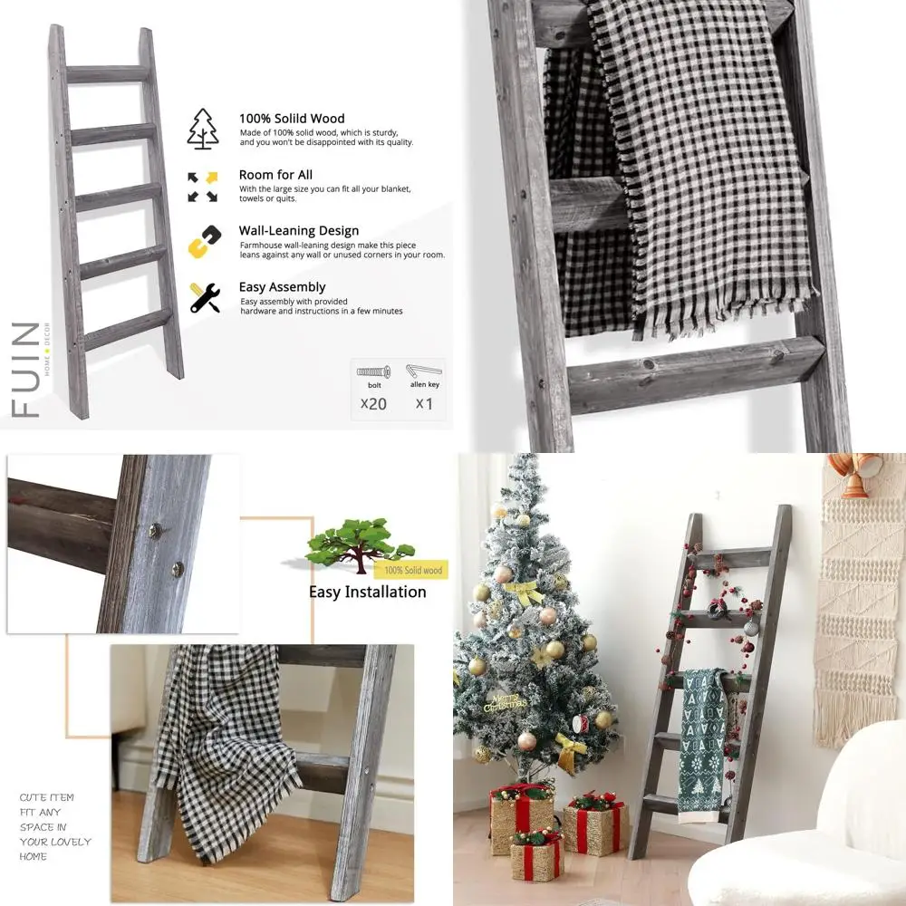 

Gray Rustic 5ft Wooden Ladder for Wall Decor, Farmhouse Style Quilt Display and Bathroom Towel Rack