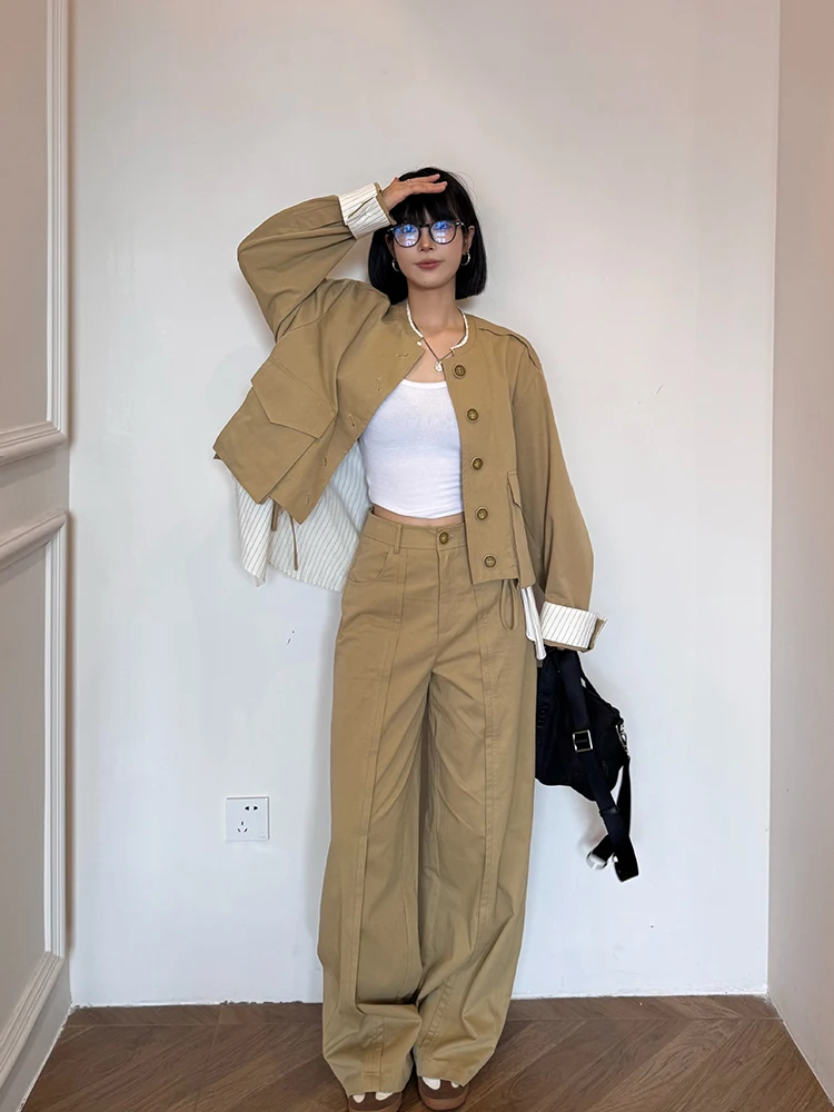 

Color Blo Fake, комплект из двух предметов из джата и широких брюк, женская осенняя коллекция Faion, корейское длинное пальто све