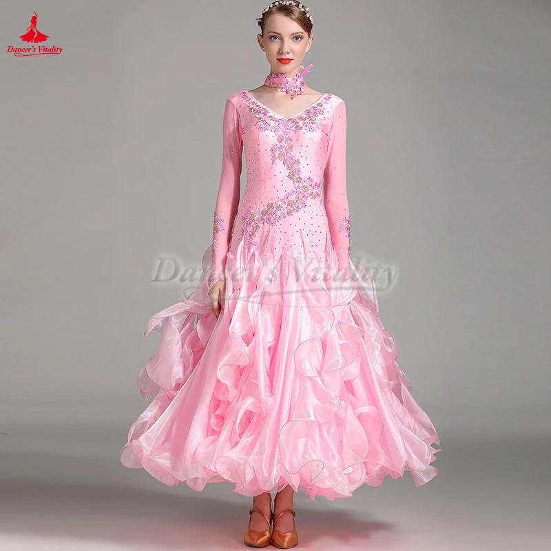 The New Style Ballroom Dance AB Stones Long Sleeves Dresses with Necklace Female Waltz Foxtrot Quickstep Competition Clothing