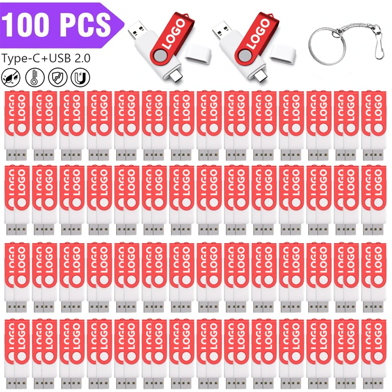 

100pcs Free Logo Rotatable Colorful USB2.0 Flash Drive 128GB Type-C Dual Memory Stick 64GB 2IN1 Pendrive 32G 16G 8G 4G 1G 2G