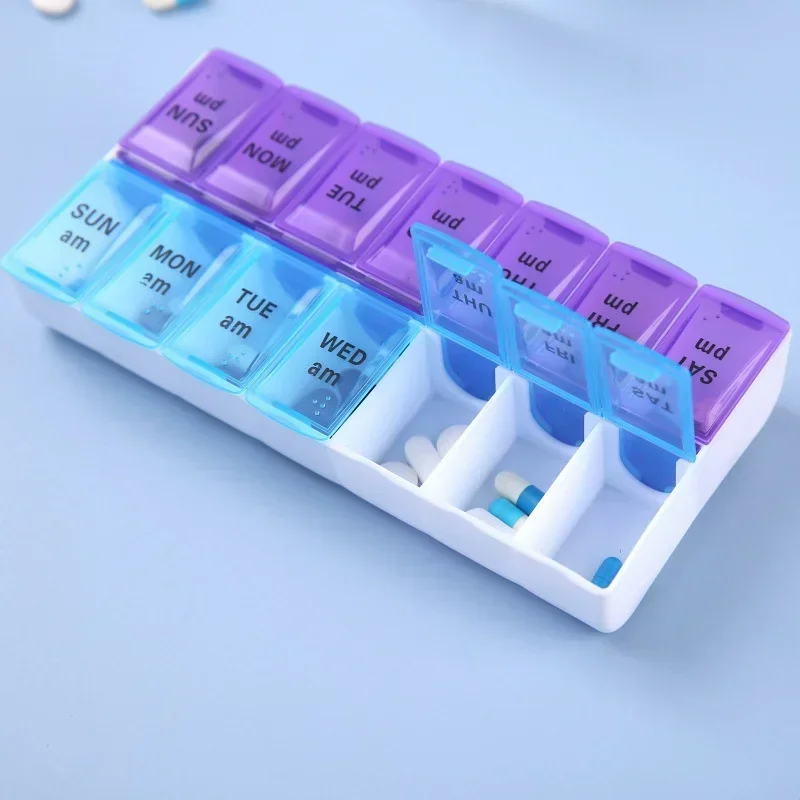 2024 Portable Braille Dual Color Medicine Packaging Box 7 Days A Week 14 Grid Plastic Anti Drop Box in The Morning and Evening